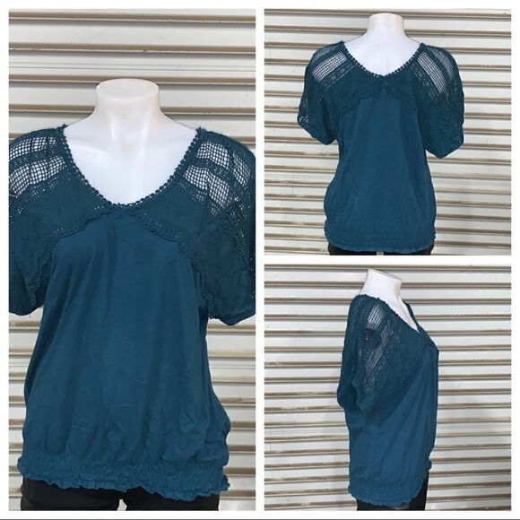LC Lauren Conrad 100% teal cotton top lace accent - Picture 1 of 7